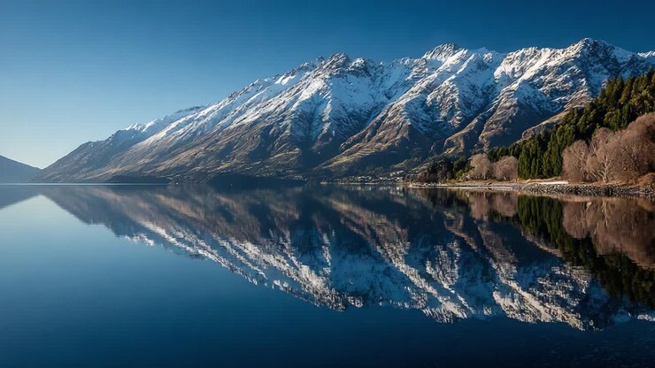 Serenità Mozzafiato: Un Maestoso Paesaggio Montano Si Riflette Perfettamente su un Lago Calmo, Incorniciato da Alberi Verdi e Rigogliosi Sotto un Cielo Azzurro e Limpido