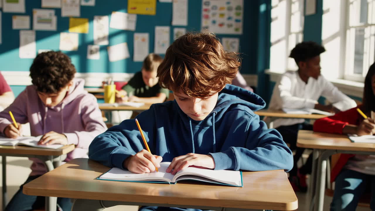 Students writing in notebooks at their desks in a classroom