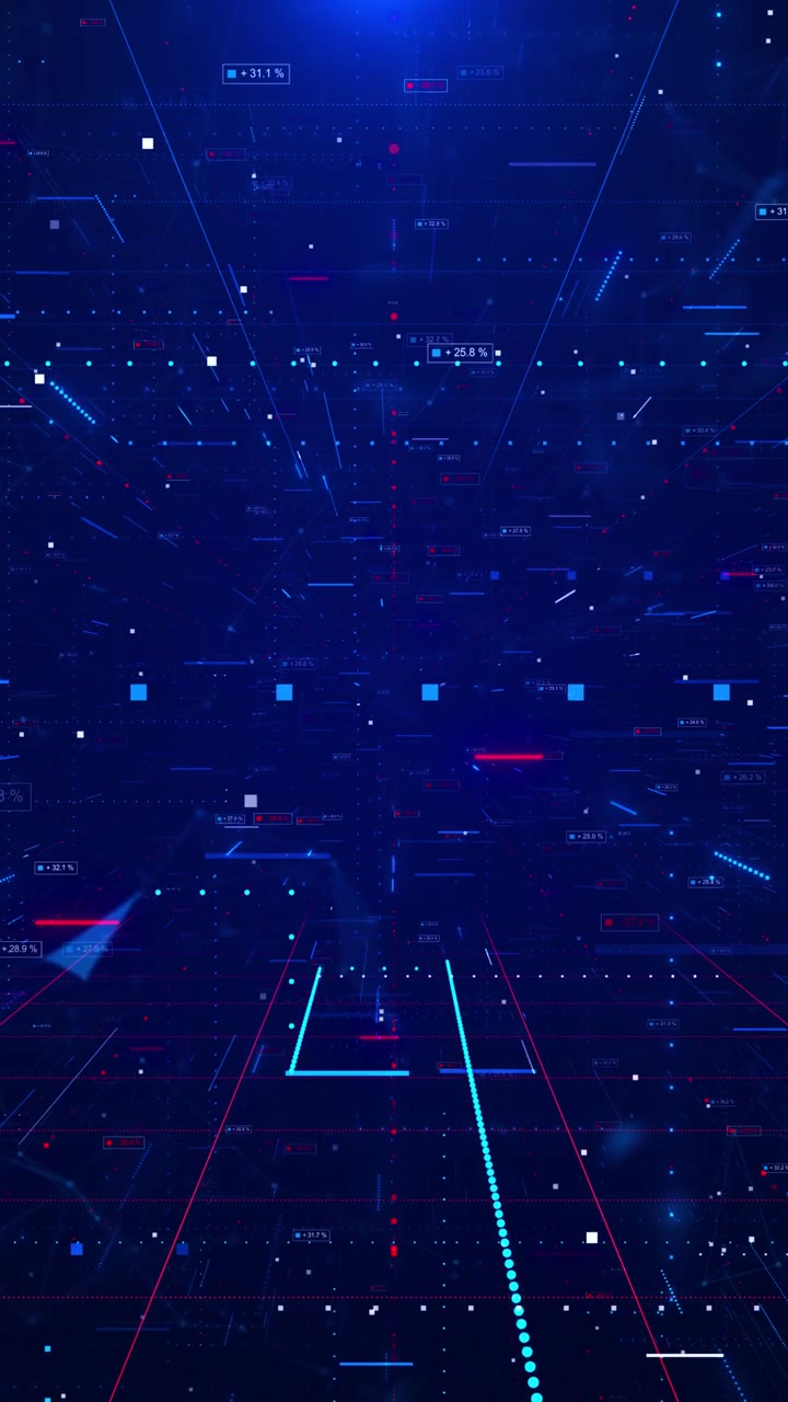 Futuristic market analytics grid blue and red data points percentage markers speed lines dark