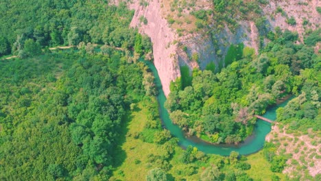 Aerial-view-of-Iskar-Panega-Geopark-along-the-Gold-Panega-River,-Bulgaria