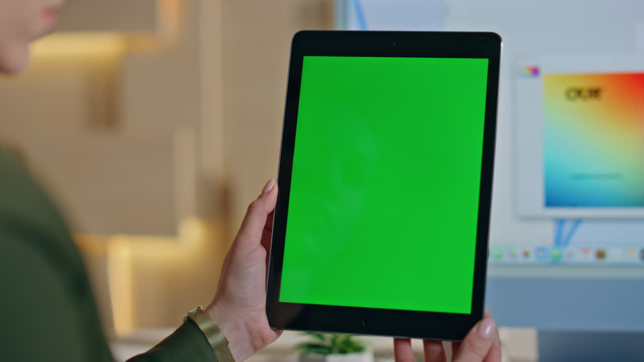 Manager checking email mockup tablet in office closeup. Unrecognizable woman
