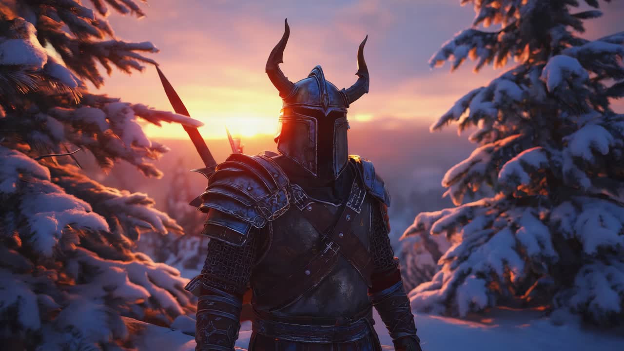 A knight in armor standing in a snowy landscape at sunset