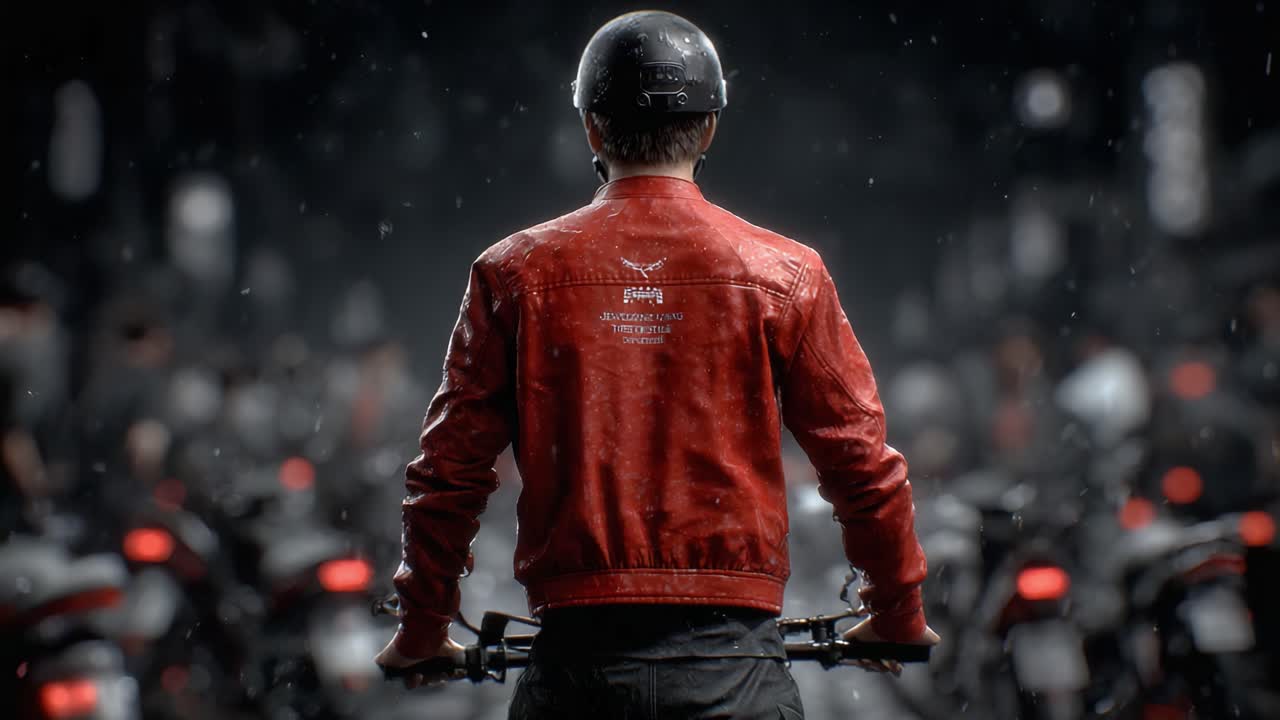 A lone rider in a striking red jacket prepares to embark on an adventure amidst a sea of motorcycles, as rain falls and the urban landscape creates an electrifying atmosphere