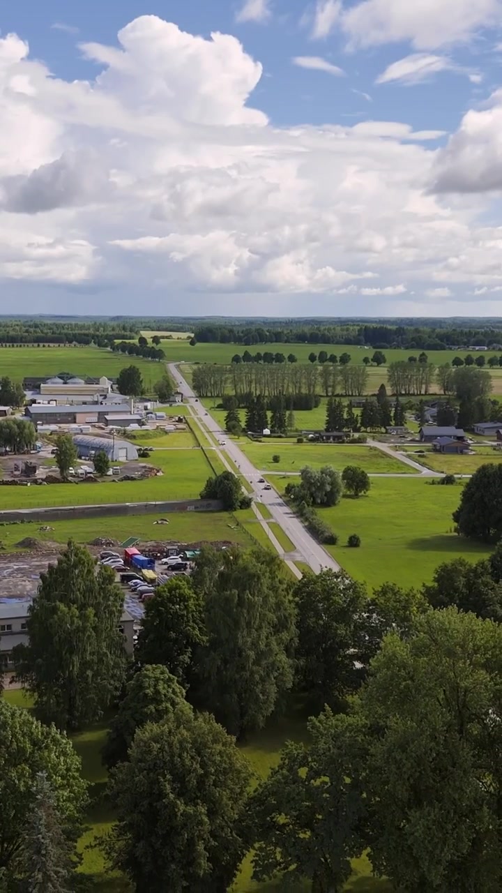Vista aerea verticale vicino a Sigulda, Lettonia, che mostra campi verdi di campagna, strada alberata, edifici rurali, orizzonte boschivo e grandi nuvole estive.