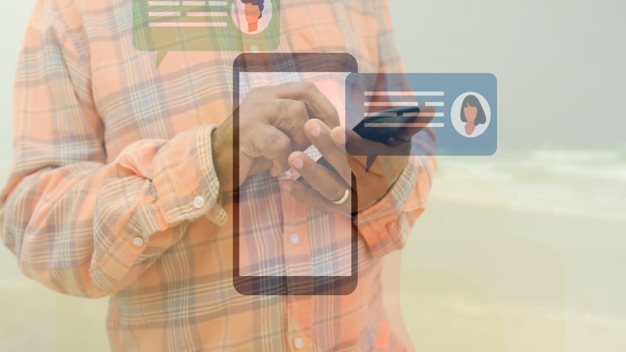 Using smartphone, person with chat message icons and animation on beach
