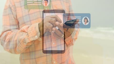 Using smartphone, person with chat message icons and animation on beach