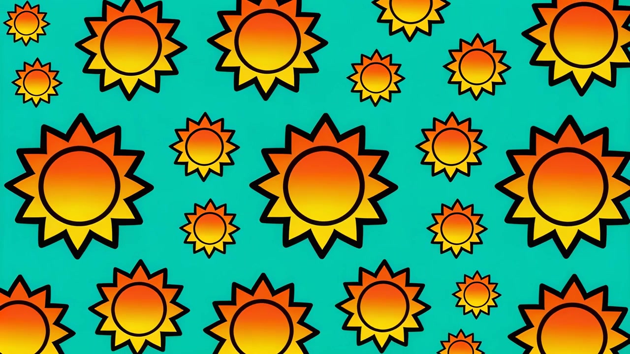 Looping sun icons scaling, spreading and contracting across turquoise field, creating seamless loop
