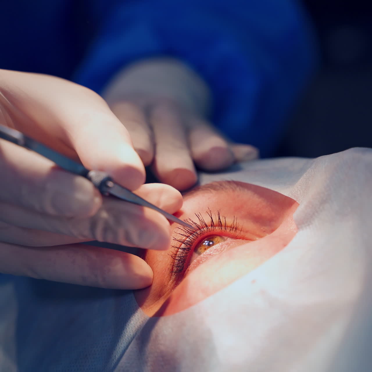 Open eye of a patient during operation. Close-up hands in gloves of a professional doctor treating patient's eye with special medical instruments.
