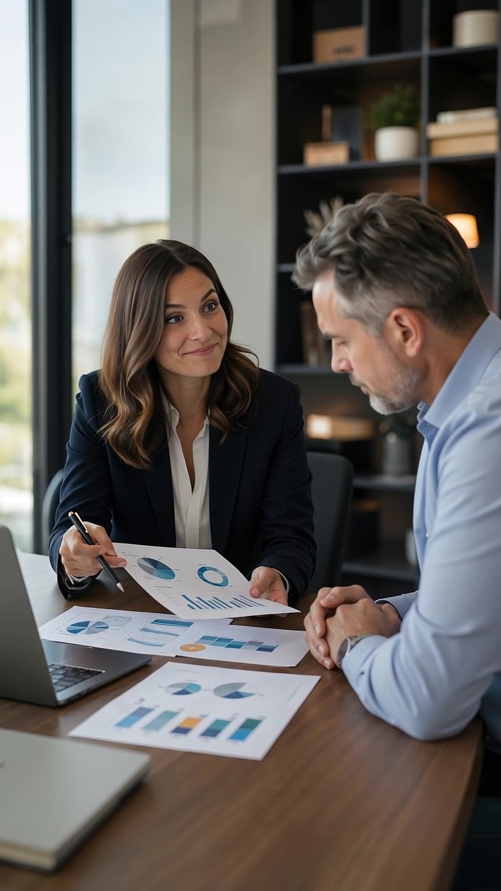Colegas de negócios discutindo gráficos de dados e financeiros durante uma reunião em um escritório moderno.