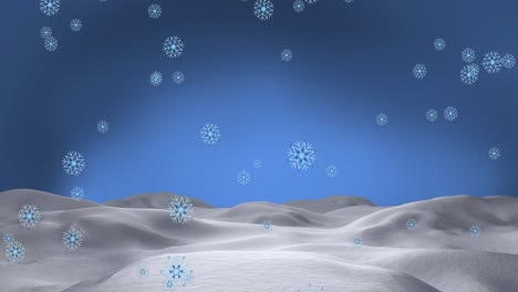 Animation-of-snowflakes-falling-over-snow-and-blue-background