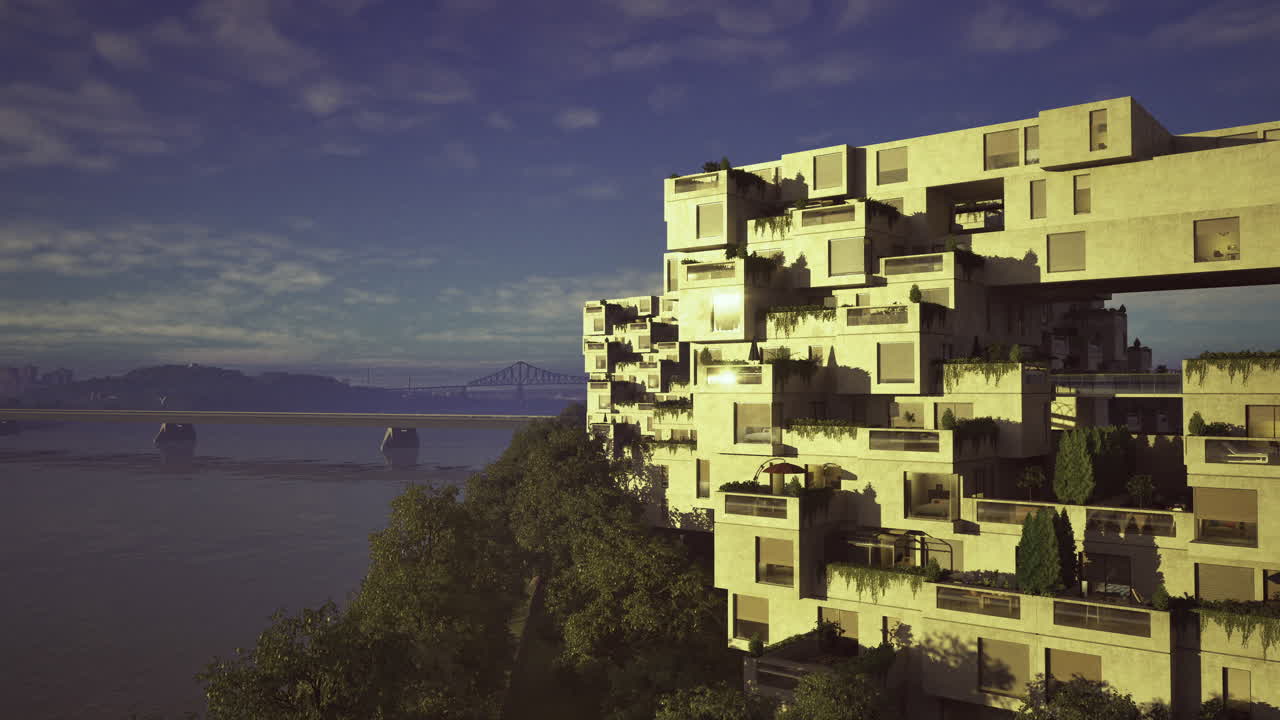 Modern architecture reflects sunlight over river at twilight