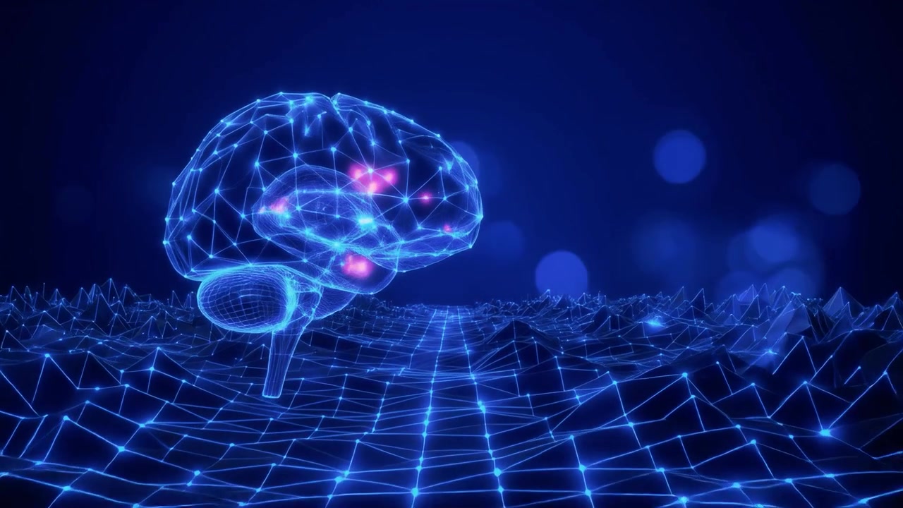 Digital Wireframe Brain with Glowing Neural Network Connections