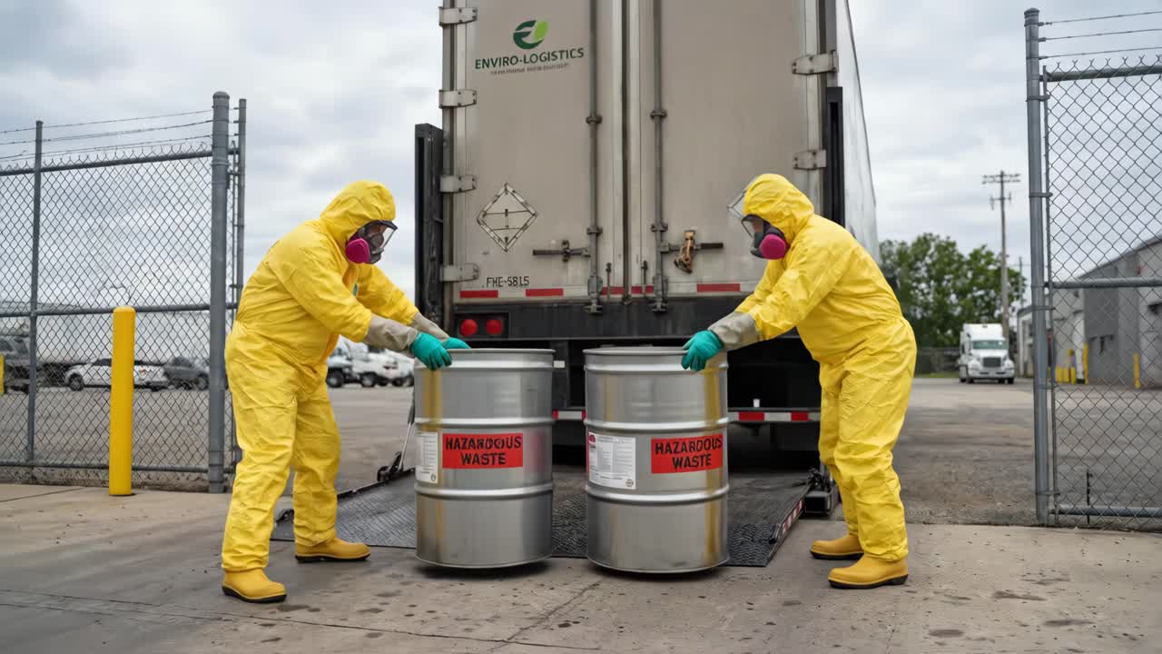 Workers in Hazmat Suits Loading Hazardous Waste Barrels onto Truck