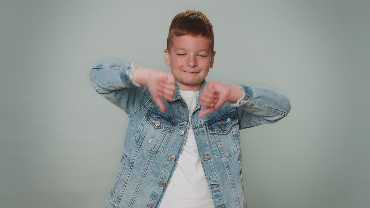 재 ⁇ 을 입은 화가 난 소년 엄지손가락을 아래로 보여주는 표시 제스처, 불쾌감, 불만족 불쾌감