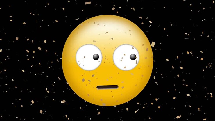 Animazione di coriandoli che cadono su un'emoji che guarda, su sfondo nero.