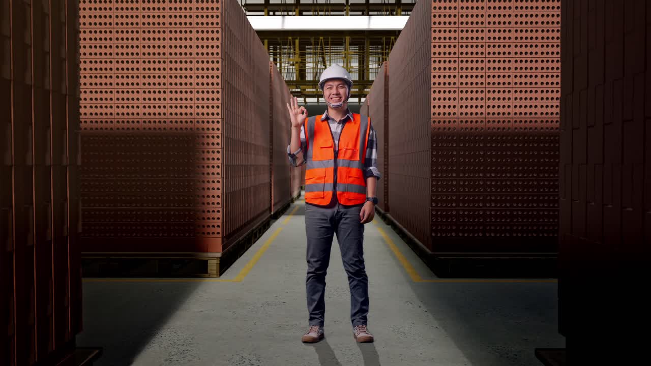 Full Body Of Asian Male Engineer With Safety Helmet Smiling And Showing Okay Gesture To The Camera While Standing With Red Brick Packed in Stacks Are Stored