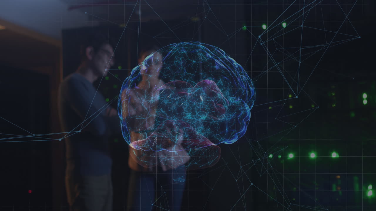 animación de conexiones y cerebro digital sobre diversos trabajadores en la sala de servidores.