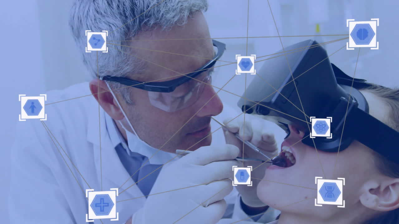 dentista examinando al paciente con auriculares de realidad virtual, animación de iconos médicos sobre la escena