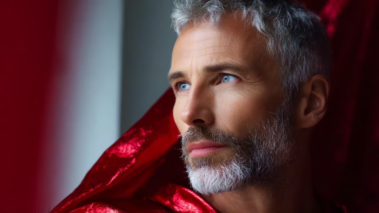 Un uomo contemplativo con capelli grigi sorprendenti e penetranti occhi azzurri, avvolto in un vivace tessuto rosso, guarda pensieroso fuori dalla finestra in un ambiente sereno