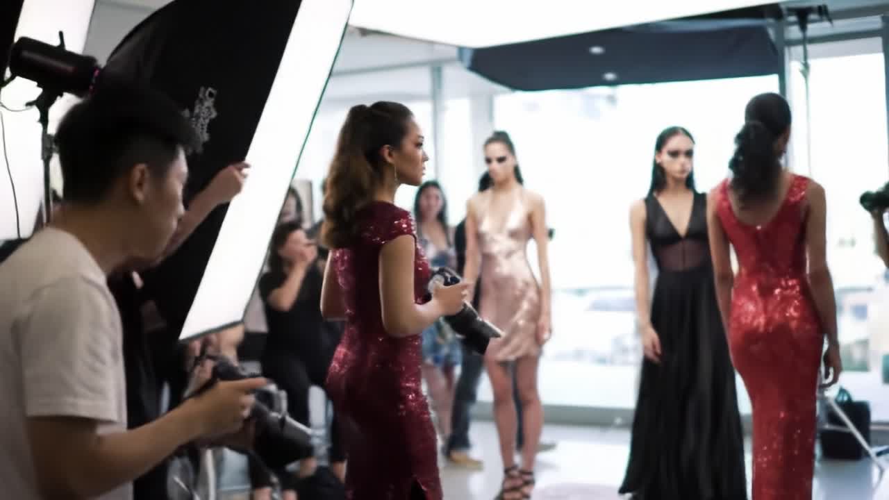 Behind the Scenes at a Glamorous Fashion Photoshoot Featuring Stunning Models in Elegant Attire, Photographers Capturing Every Moment of Style and Sophistication