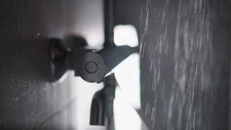 el agua corre en la cabina de la ducha a una fuerte presión. la fuerte presión del agua caliente limpia fluye desde la ducha brillante de metal en el baño gris oscuro con pared de baldosas