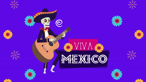 viva mexico animation with skull mariachi playing guitar