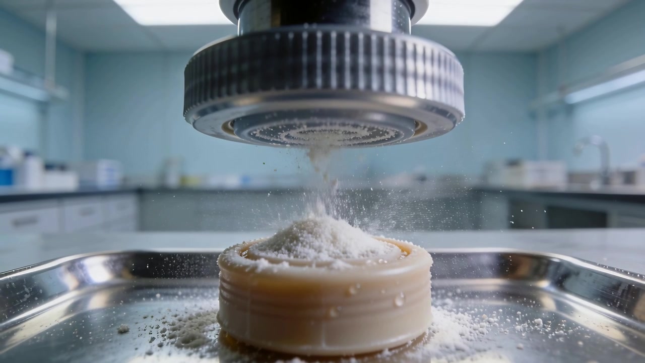 Activating round nozzle releasing white powder onto beige cylinder on lab bench tray, forming cone