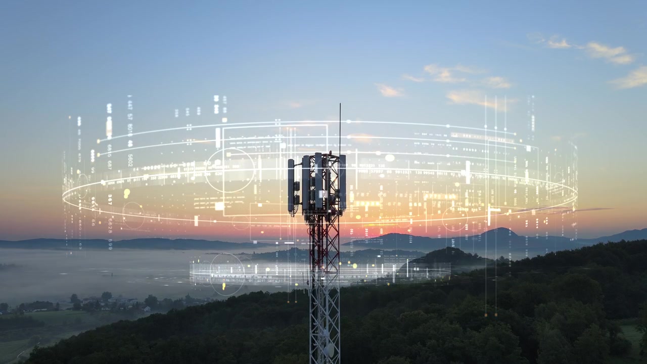 Aerial of Advanced Smart 6G wireless infrastructure with autonomous network technology overlay. 3D render