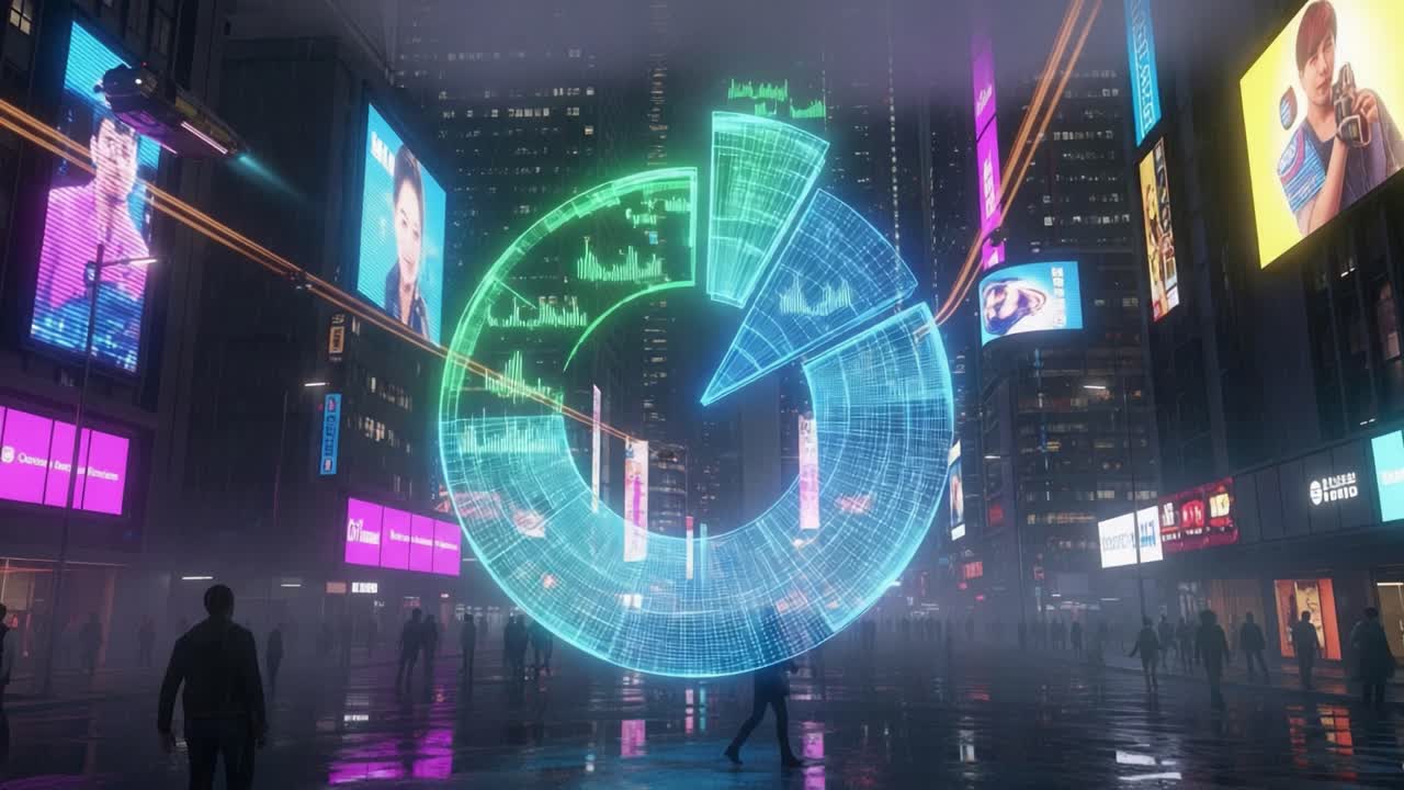 A Futuristic Cityscape with Neon Lights and Holographic Display in a Misty Environment, Featuring People Interacting with High-Tech Elements in Urban Ambience