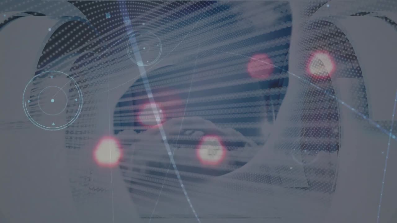 회색 디지털 공간 위의 점과 조명의 애니메이션