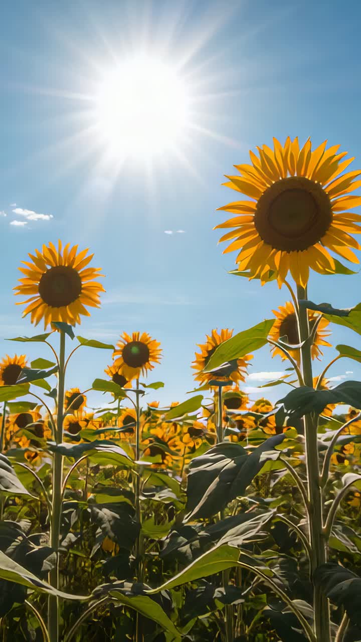 Vertical video: Tilting camera upward among foliage, showing tall sunflower head backlit by sun