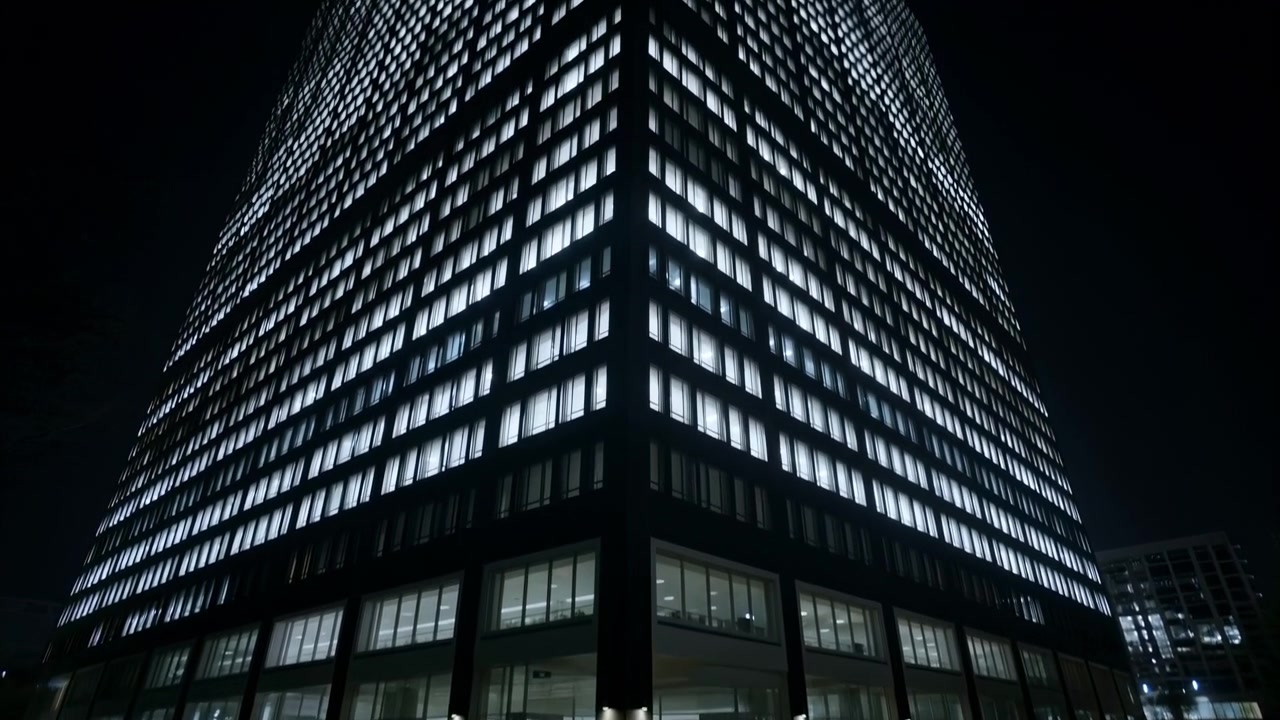 Il fotogramma centrale raffigura un'alta torre per uffici in vetro di notte, la sua griglia illuminata di finestre che proietta riflessi su una piazza bagnata dalla pioggia e sul paesaggio urbano circostante.