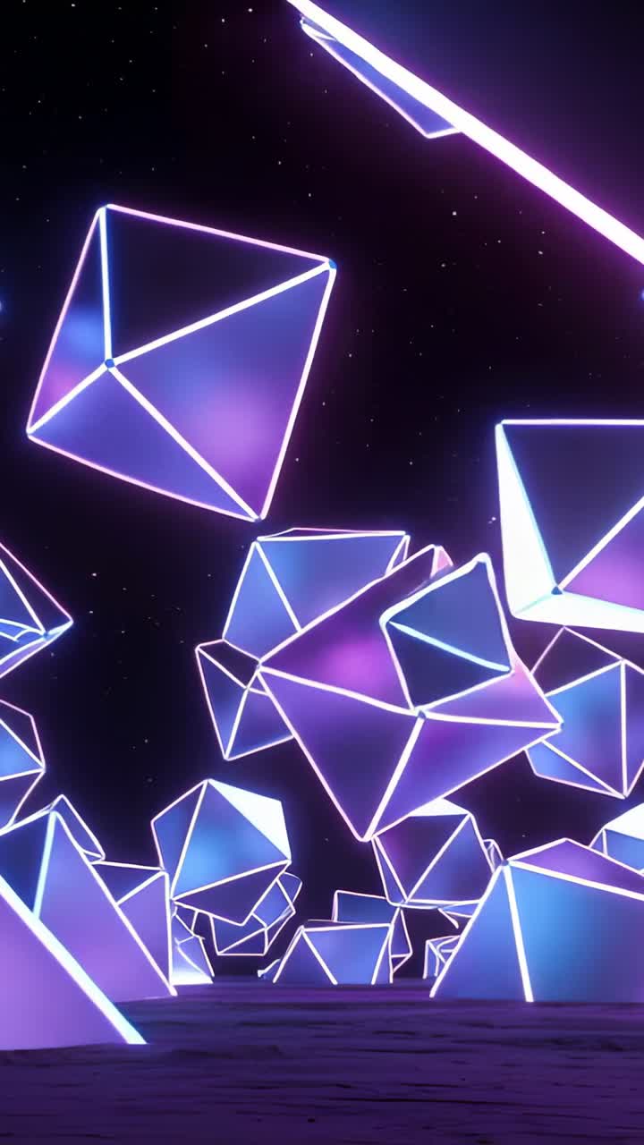 Vertical video: Floating neon solids rotating above dark plane, camera moving forward showing depth