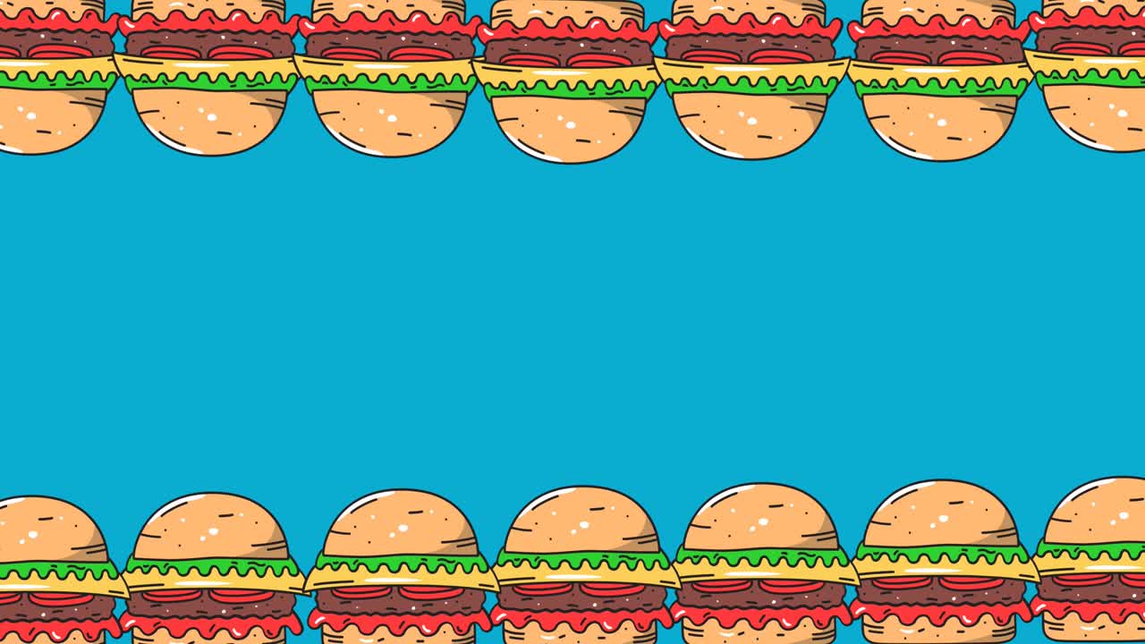animación de dos filas de hamburguesas de queso que se mueven en la parte superior y inferior del fondo azul