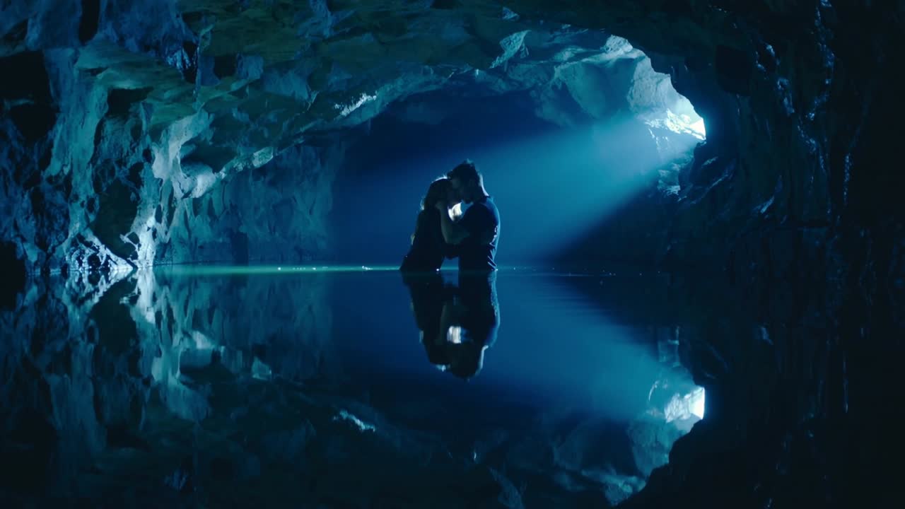Casal apaixonado, trajando roupas escuras, reage a um feixe de luz, inclinando-se, unindo as cabeças e se abraçando em uma piscina dentro de uma caverna.