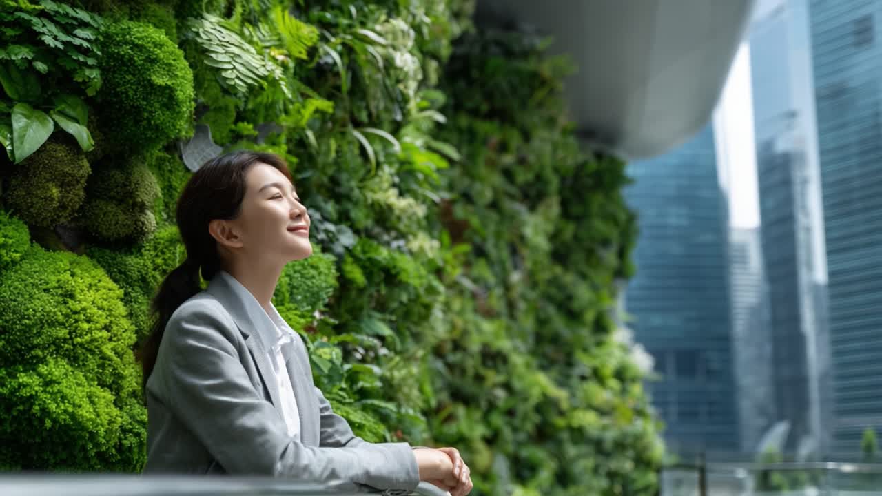 A Tranquil Moment Amidst Nature: A Woman Enjoys the Serenity of a Lush Vertical Garden in an Urban Landscape, Showcasing the Harmony Between Nature and City Life
