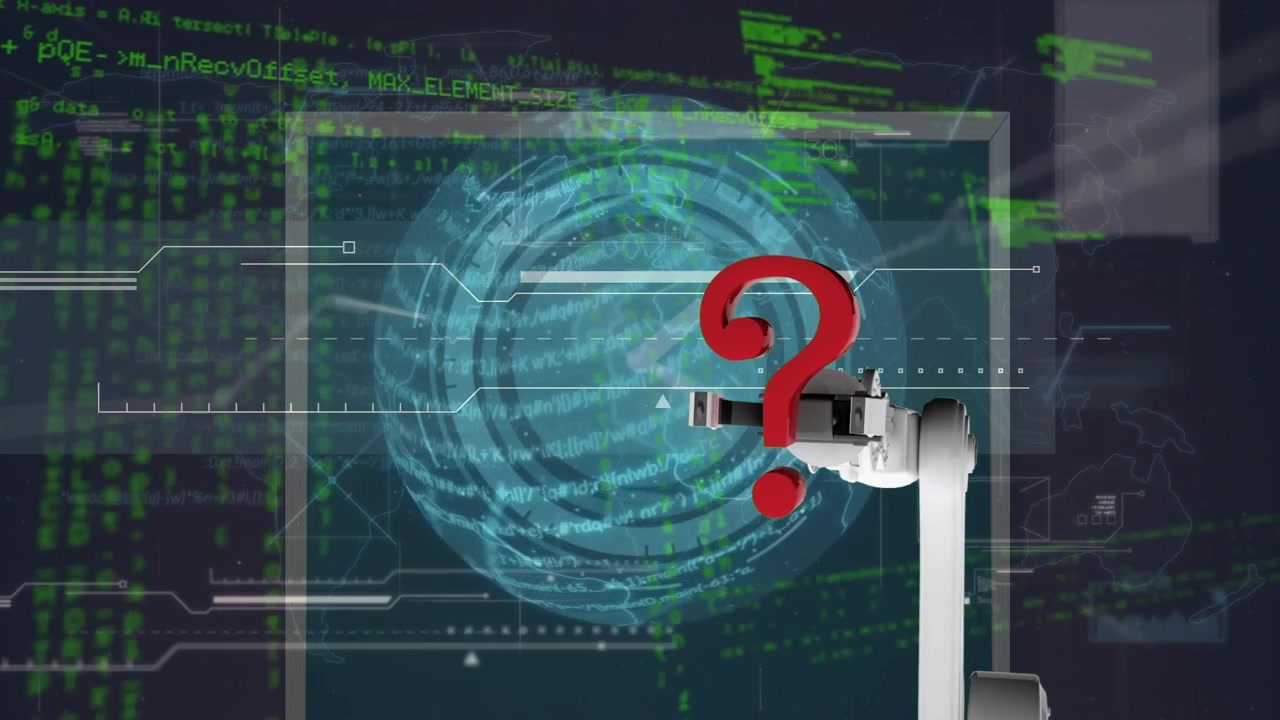 Animation of robotic arm holding question mark sign over globe, clock, map and programming language