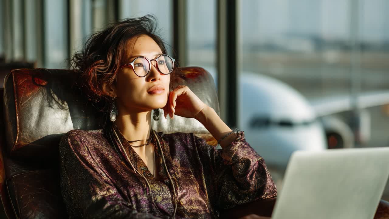 A Thoughtful Traveler: Embracing Moments of Reflection While Seated Comfortably in an Airport Lounge with a Laptop and Airplane in the Background