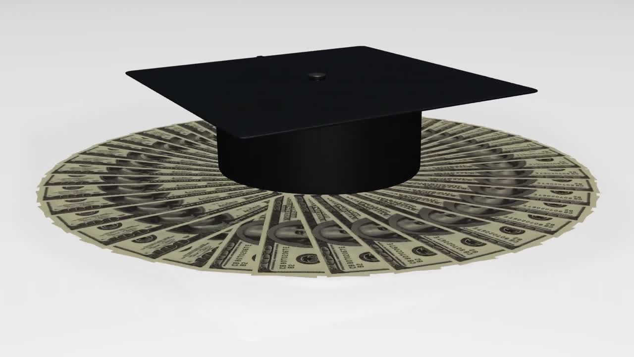 Animation of a graduation hat on dollar notes