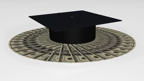 animation of a graduation hat on dollar notes