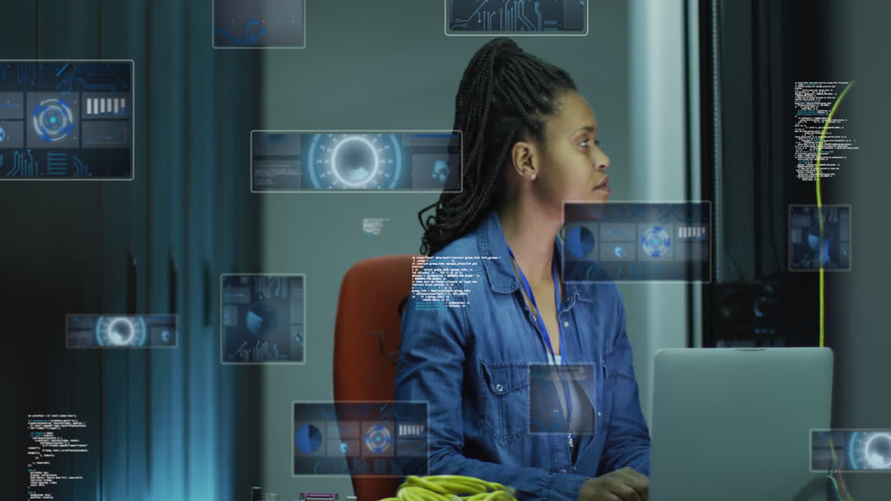 Animation of data processing over african american businesswoman by computer servers