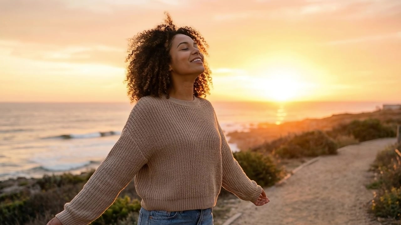 Mulher serena com os olhos fechados desfrutando do calor do pôr do sol em um penhasco costeiro