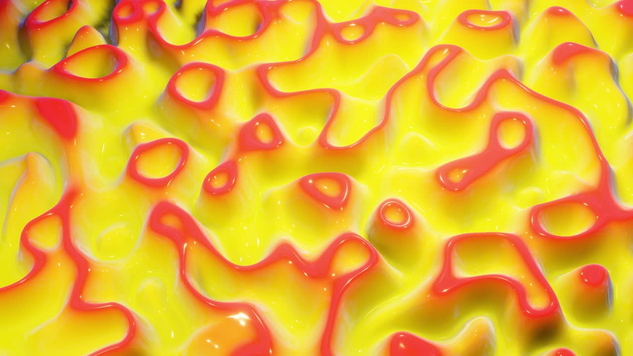 patrón ondulado abstracto en una superficie brillante y brillante, gradiente líquido rojo amarillo, ondas en el fluido de pintura en animación suave, brillos en líquido viscoso 3d.