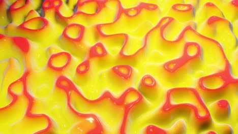 looped festive liquid bg in 4k. abstract wavy pattern on bright glossy surface, liquid gradient red yellow, waves on paint fluid in smooth animation. glitters on viscous 3d liquid. creative backdro