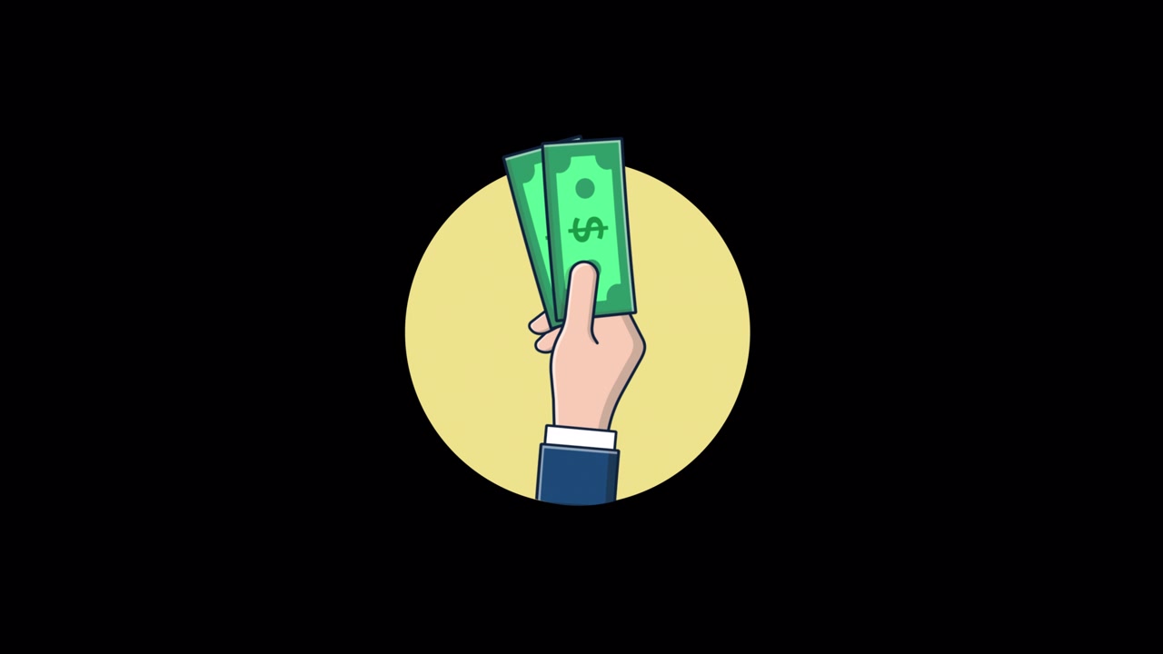 Animeret hånd der holder grønne dollarsedler
