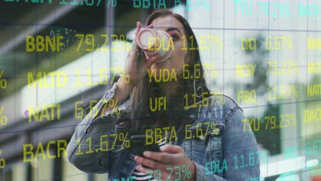 Animation-of-trading-board,-mathematical-sums,-caucasian-woman-holding-cellphone-drinking-coffee