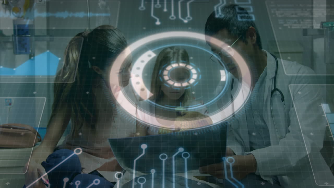 Futuristic digital interface animation over diverse team collaborating on laptop