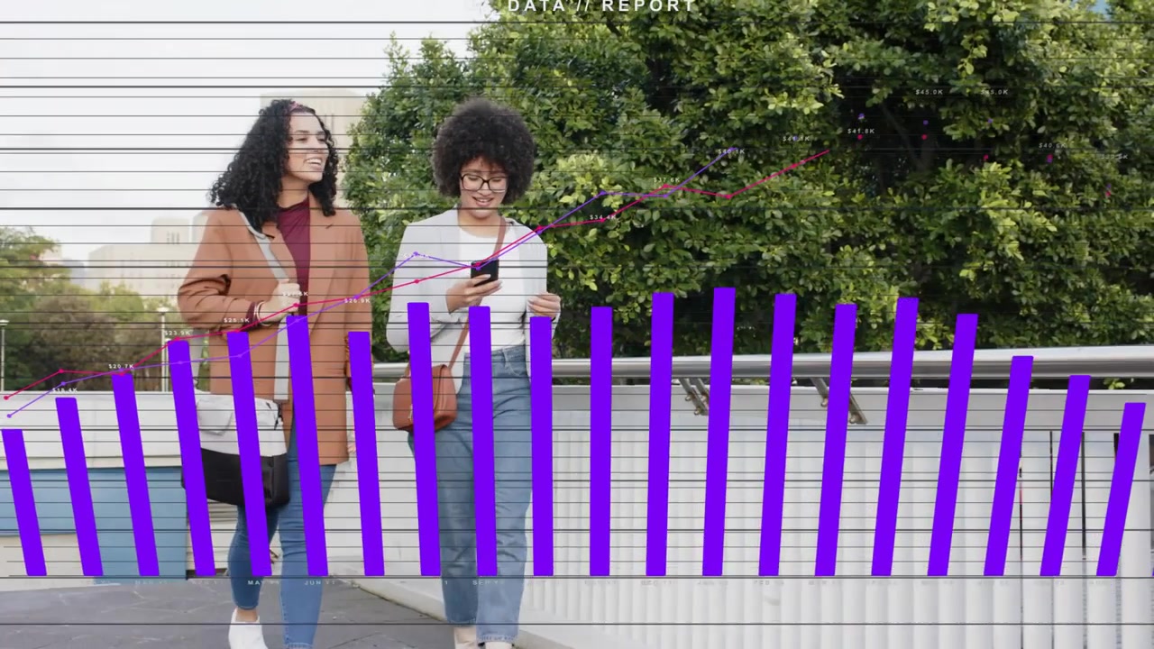 Q3 DATA appearing, two women walking, tapping phone while purple bars rising and visualizing data