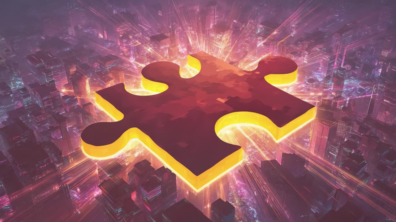 Vibrant animation of a giant, illuminated puzzle piece levitating above a sprawling cyberpunk metropolis, symbolizing concepts like innovation, strategy, and business solutions in a modern world