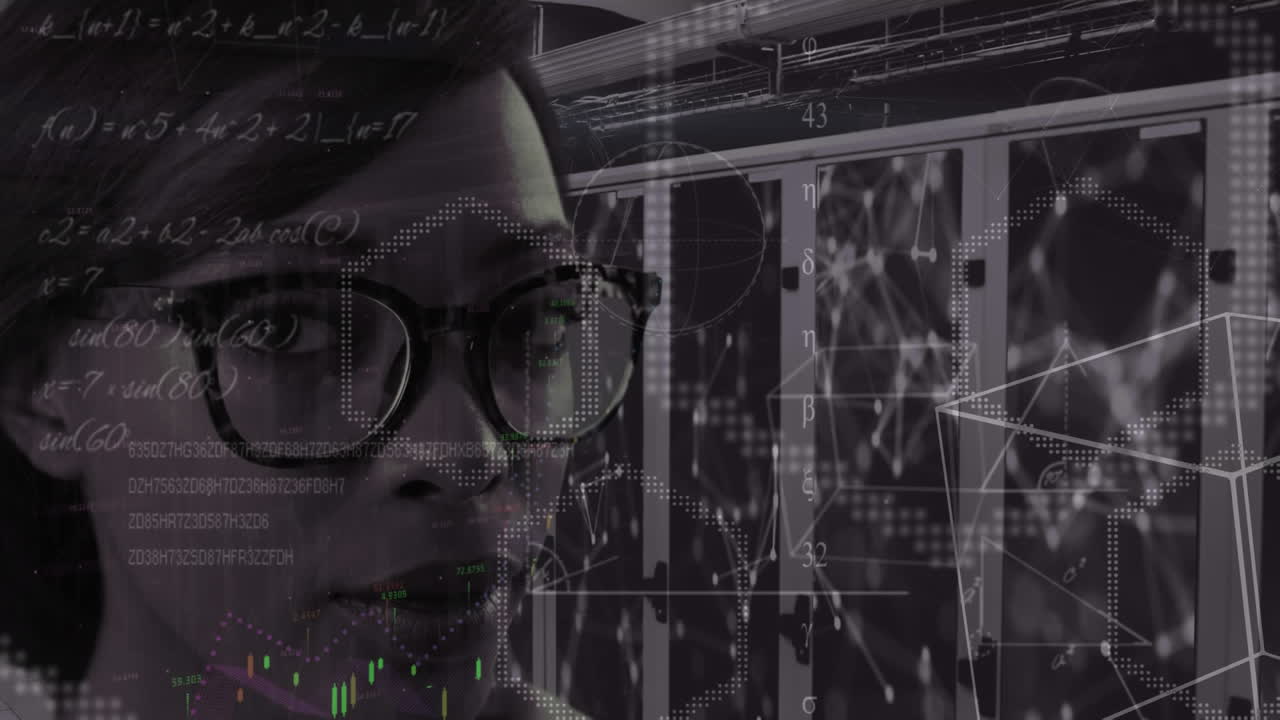 el retrato animado de una mujer en la sala de tecnología simboliza la creación de redes globales.